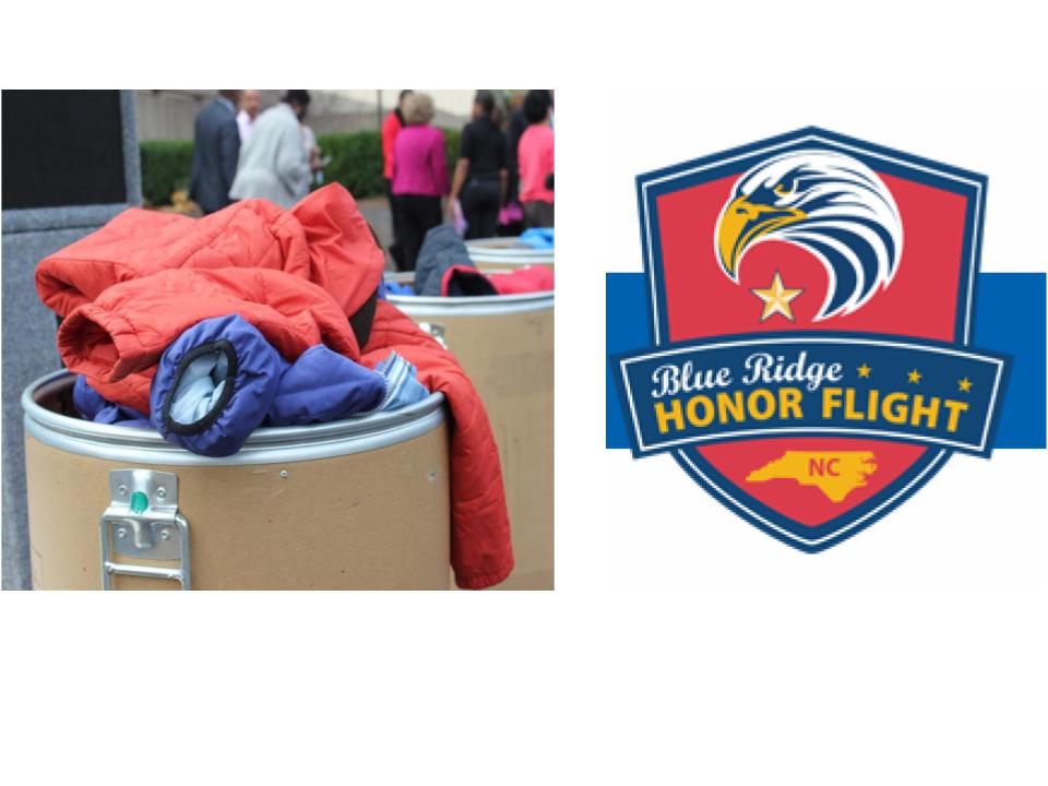 Coats displayed in a box as well as an eagle logo for the Blue Ridge Honor Flight Program