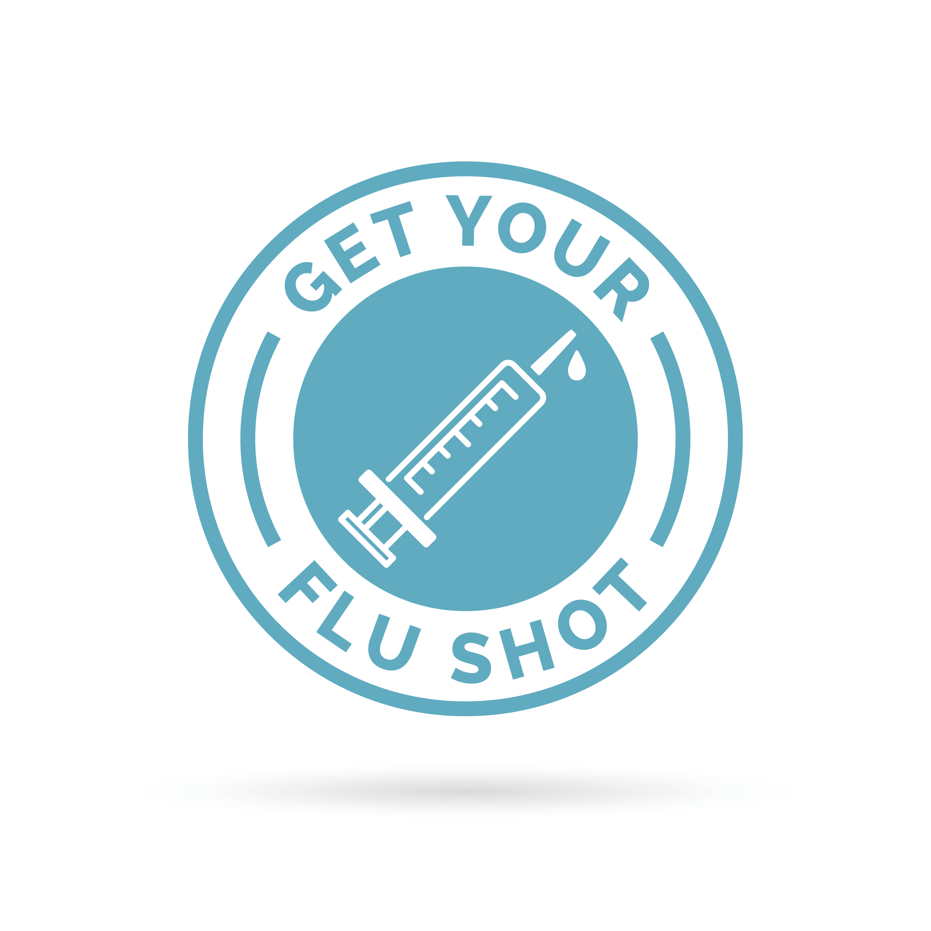 Get your flu shot vaccine sign badge with blue syringe stamp icon. Vector illustration.