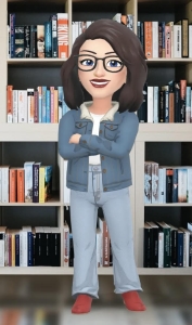 Bitmoji character Ms. Rice standing in front of a book shelf.