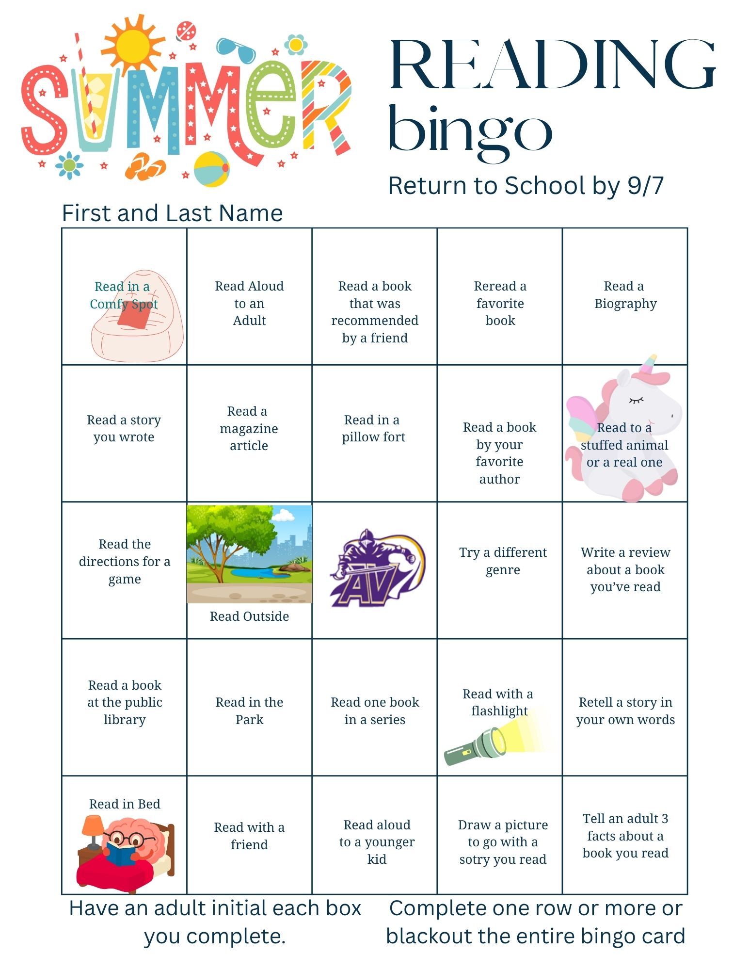 This image is of a bingo card with different ideas for reading over the summer.