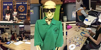 Collage of students working on projects and in the center a skeleton wearing a green polo shirt and sunglasses