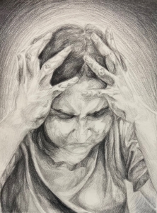 Charcoal painting of a upset person