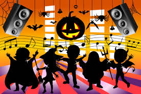 picture of some characters dancing with a Halloween scene background