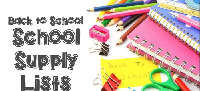 Picture of Colored Pencils, Pencil Sharpener, Notebooks, Scissors and Paper binders with the words "Back to School Supply List "