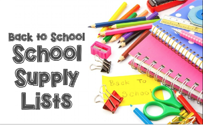 Picture of Colored Pencils, Pencil Sharpener, Notebooks, Scissors and Paper binders with the words 