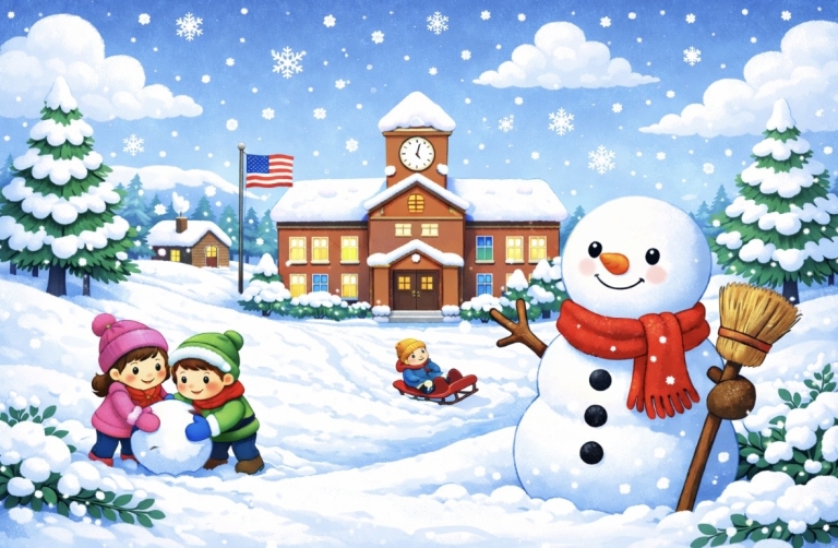 Picture of snowman on a snowy day with school building in the background