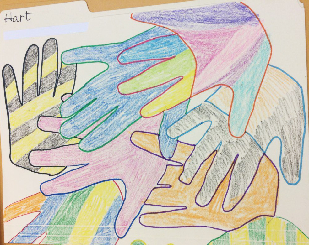A drawing of colorful overlapping hand shapes