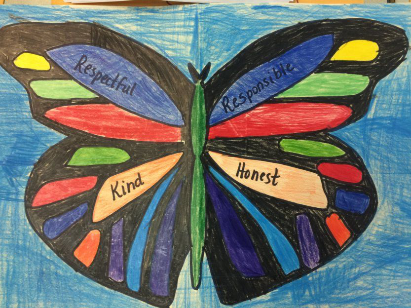 A colorful artwork of a butterfly. On its wings are the words Respectful Responsible Kind and Honest