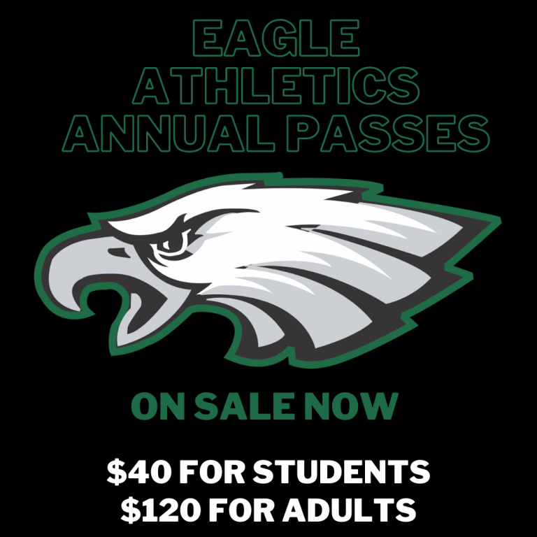 athletics annual pass price information and eagle logo text reads $40 for students, $120 for adults