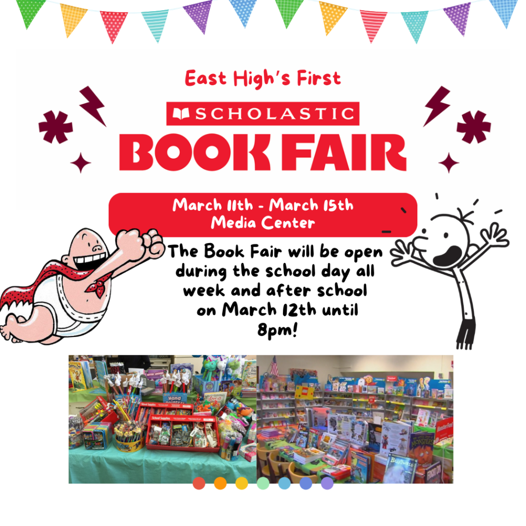 Book Fair ad with book characters and Scholastic logo