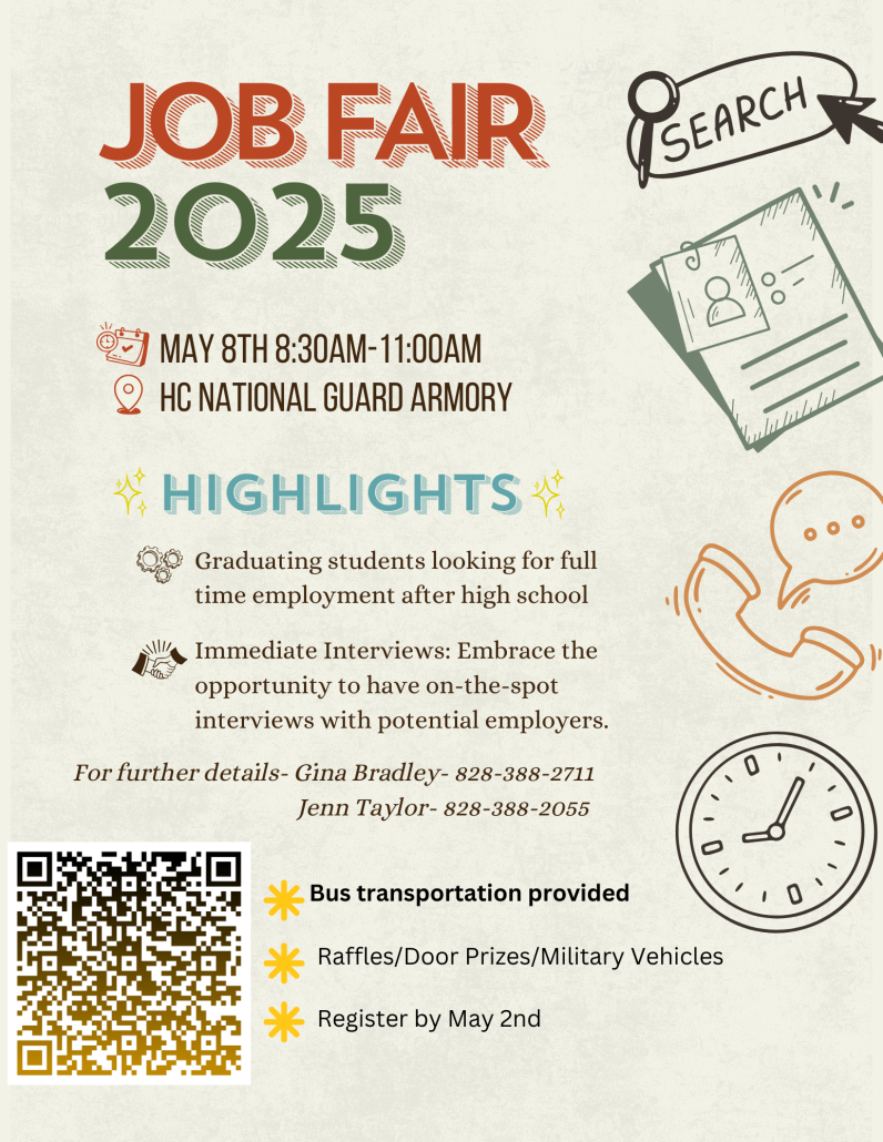 Job Fair 2025 ad with office items, info, and QR code for registration