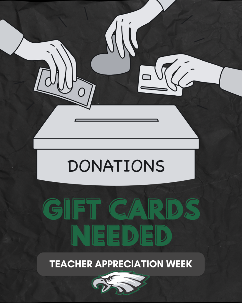"Gift Cards Needed" graphic with donation box and eagle logo