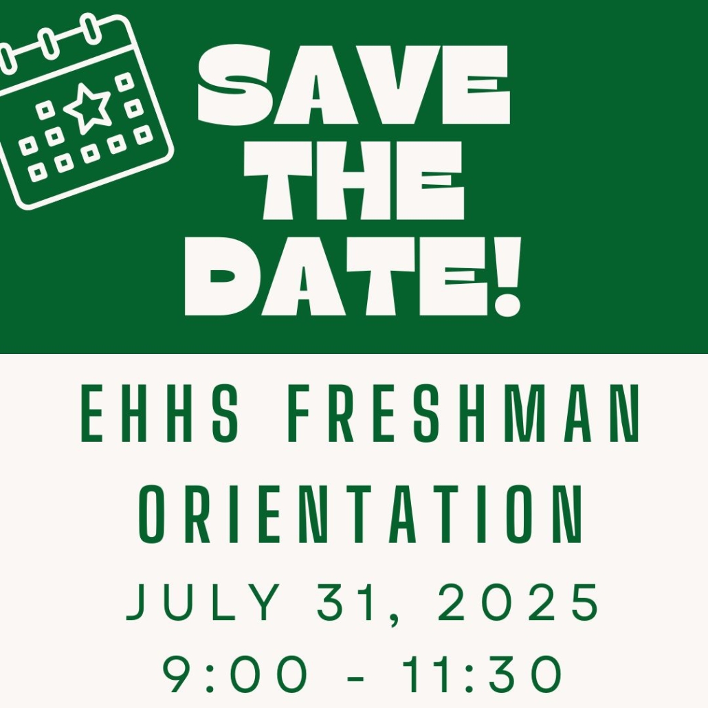 Save the Date for Freshman Orientation with date and time and tiny calendar