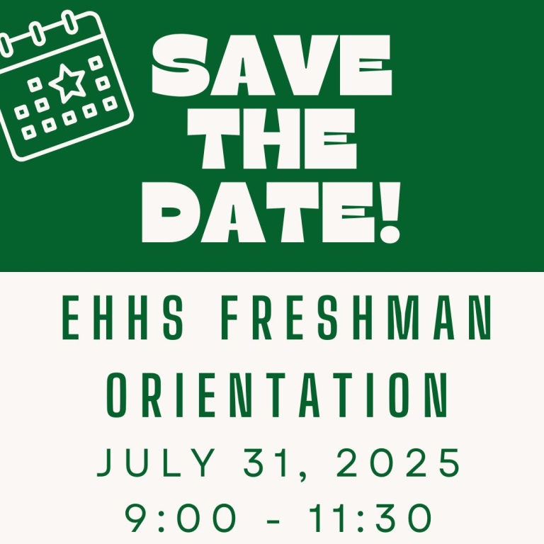 Save the Date for Freshman Orientation with date and time and tiny calendar