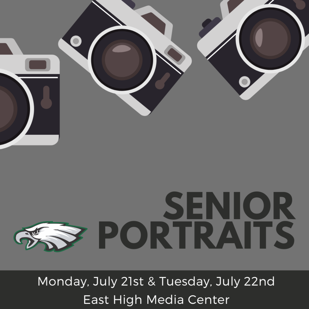 Senior Portraits info with dates, location, Eagle logo and three floating cameras