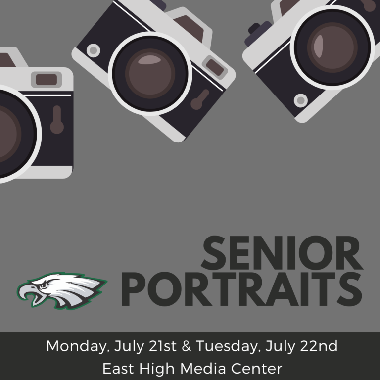 Senior Portraits info with dates, location, Eagle logo and three floating cameras