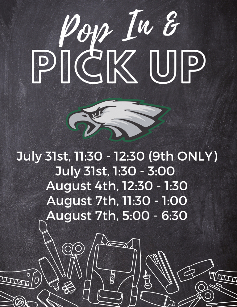 Pop In & Pick Up schedule with Eagle logo and school supplies