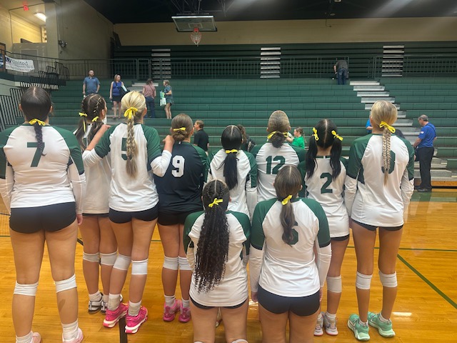 team with backs to camera to show yellow ribbons