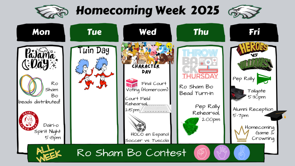 Homecoming Week "Menu" with all the week's details with accompanying graphics