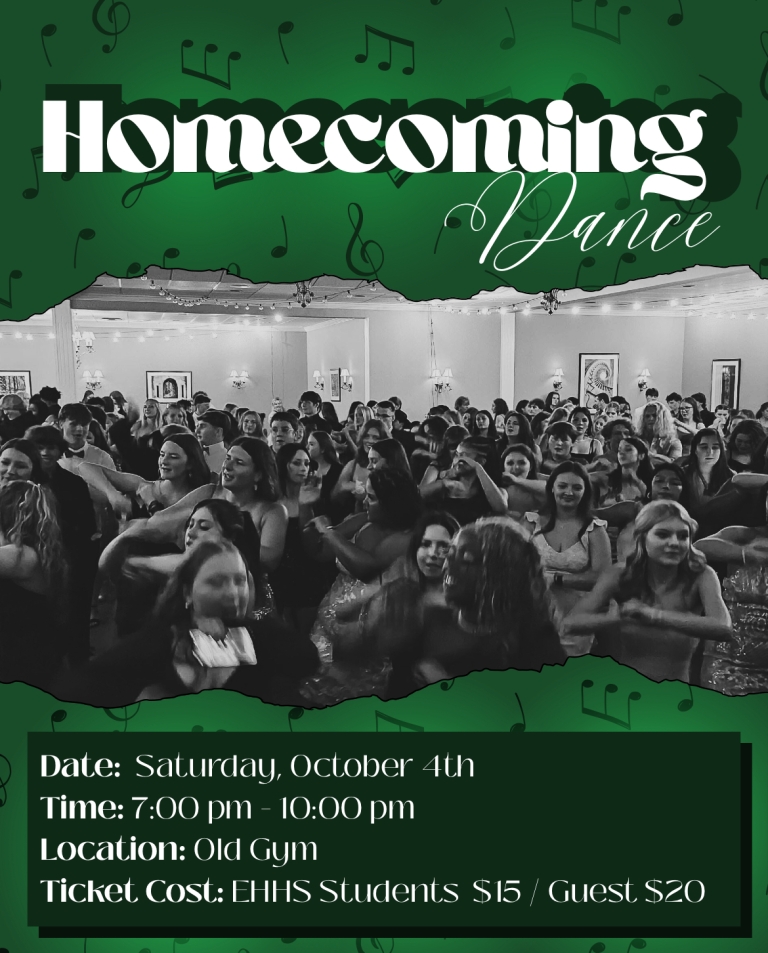 Homecoming Dance advertisement with logistics info and picture of last year's dance floor