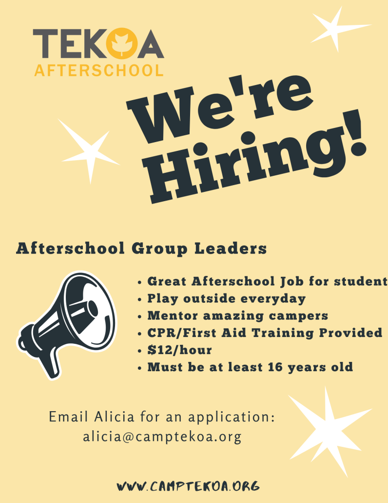 Camp Tekoa "We're Hiring!" flyer with application logistic information