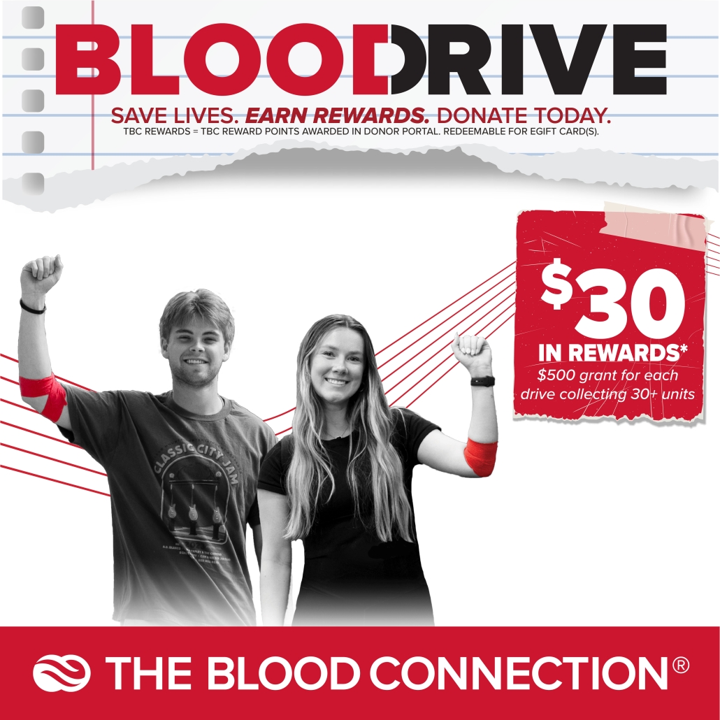 TBC Blood Drive flyer with two donors holding up their arms