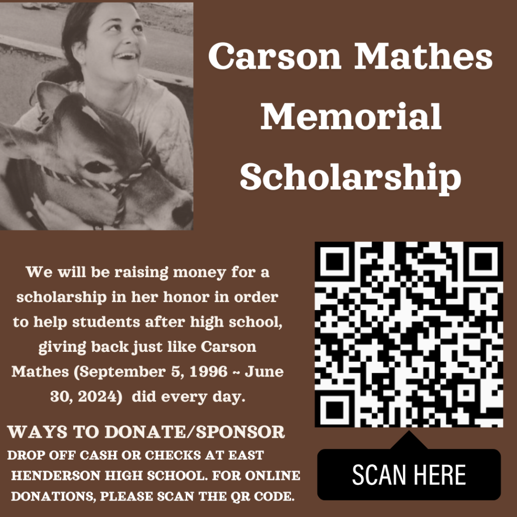 Carson Mathes Memorial Scholarship flyer with QR code and picture of Carson with a cow