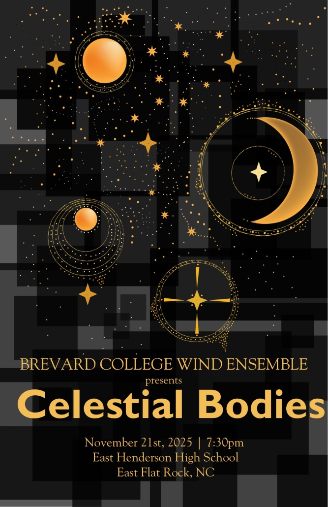 Celestial Bodies concert poster with celesital artwork in background