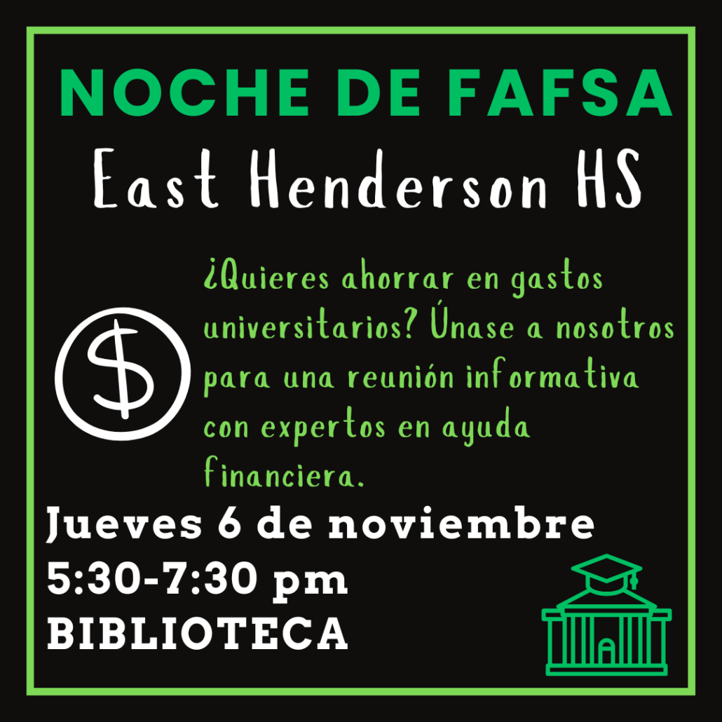 FAFSA Night flyers in Spanish with logistical details