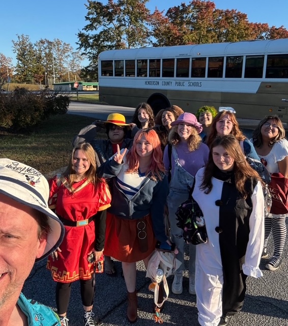 NCTC students in costume getting off the bus
