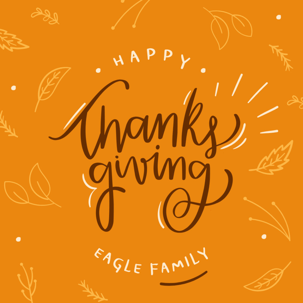 Happy Thanksgiving Eagle Family text on orange fall background