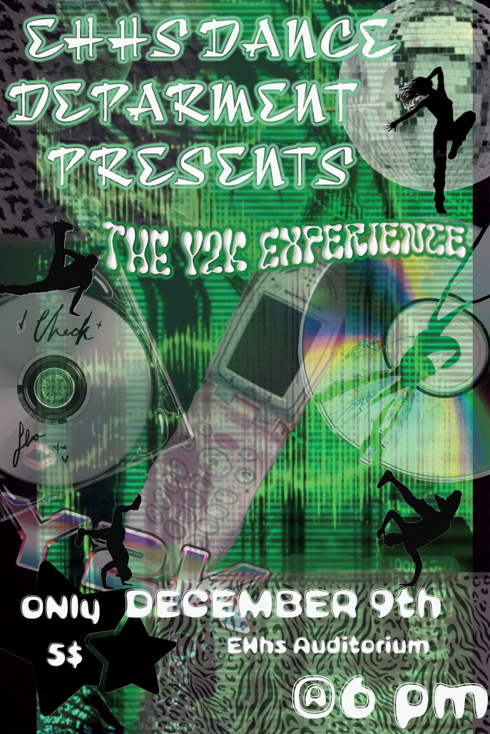 Dance Concert "The Y2K Experience" flyer with event details and Y2K images on the poster