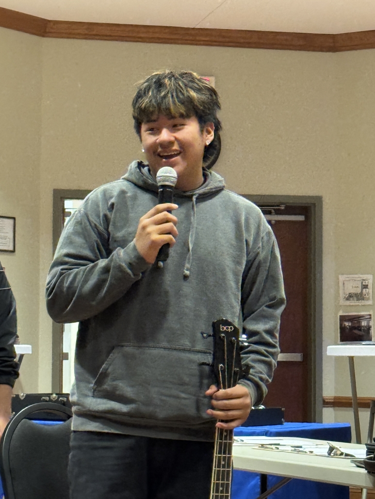 Student talking on microphone 1