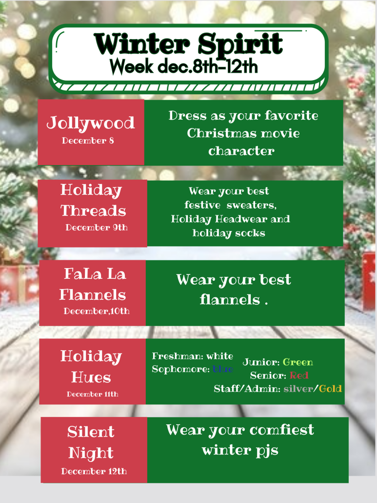 Holiday Spirit Week 2025 "Menu" with days and descriptions