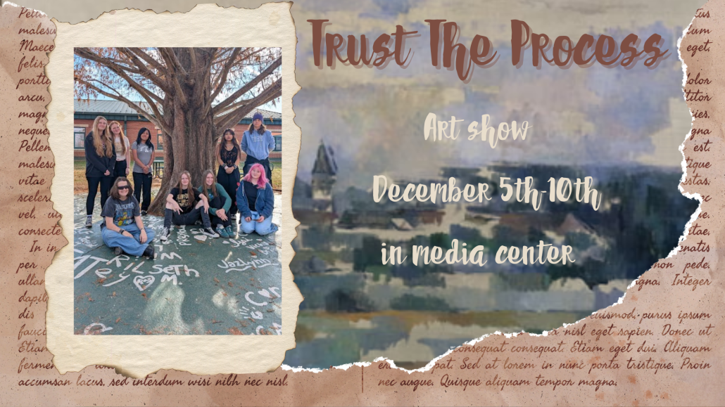 "Trust the Process" art show poster with artists and background image
