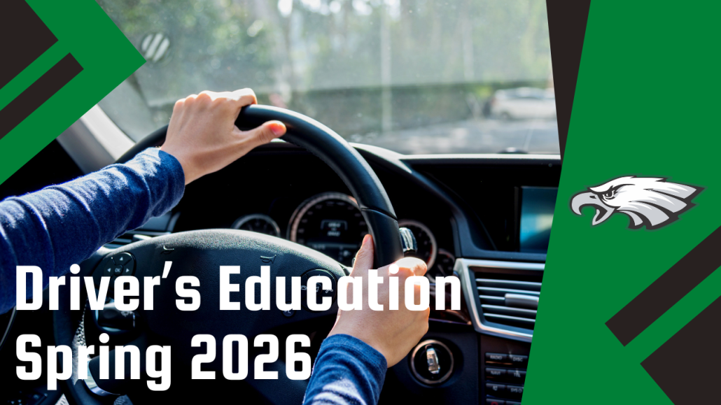 Drivers Ed Spring 2026 text with arms using steering wheel