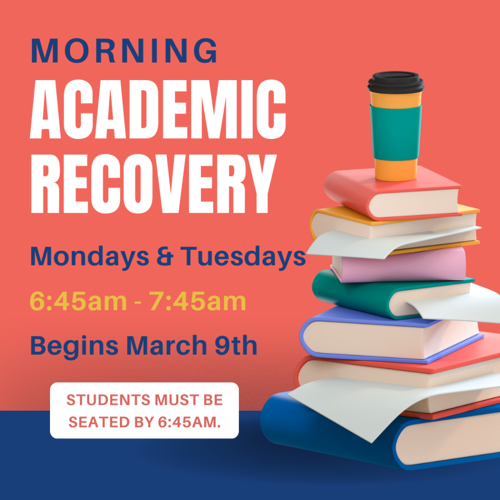 Morning academic recovery advertisement with details and stack of books with coffee