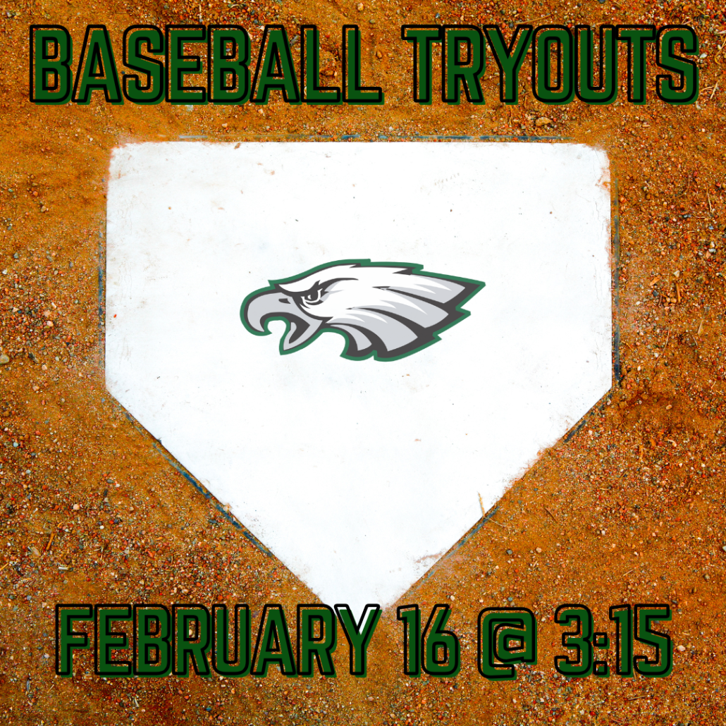 Baseball Tryouts graphic with home plate, eagle logo and tryout date
