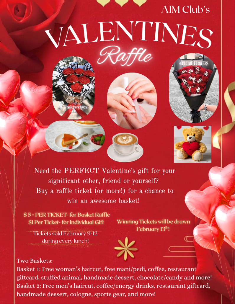 AIM Club raffle flyer with entry information and pictures of Valentine's Day gift items