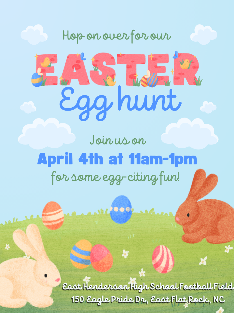 AIM Club Easter Egg Hunt flyer with bunnies and eggs