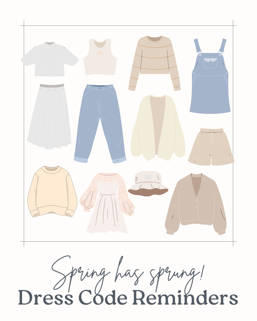 wardrobe pieces in box with dress code reminders text