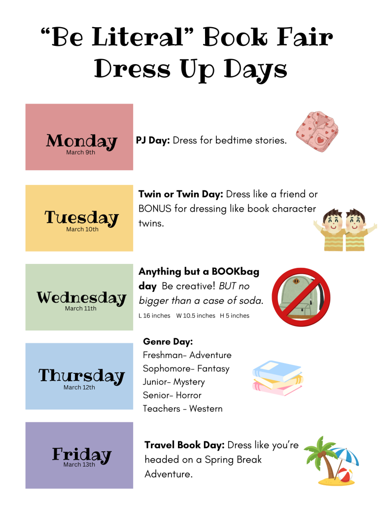 Book Fair Spirit Week "Menu" with icons to match each day