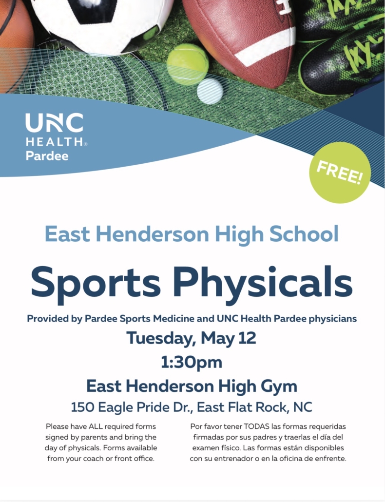 Pardee sports physical flyer with athletic equipment