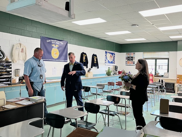 Mr. Rollins with Mr. Garrett and Dr. Marlowe in ag classroom