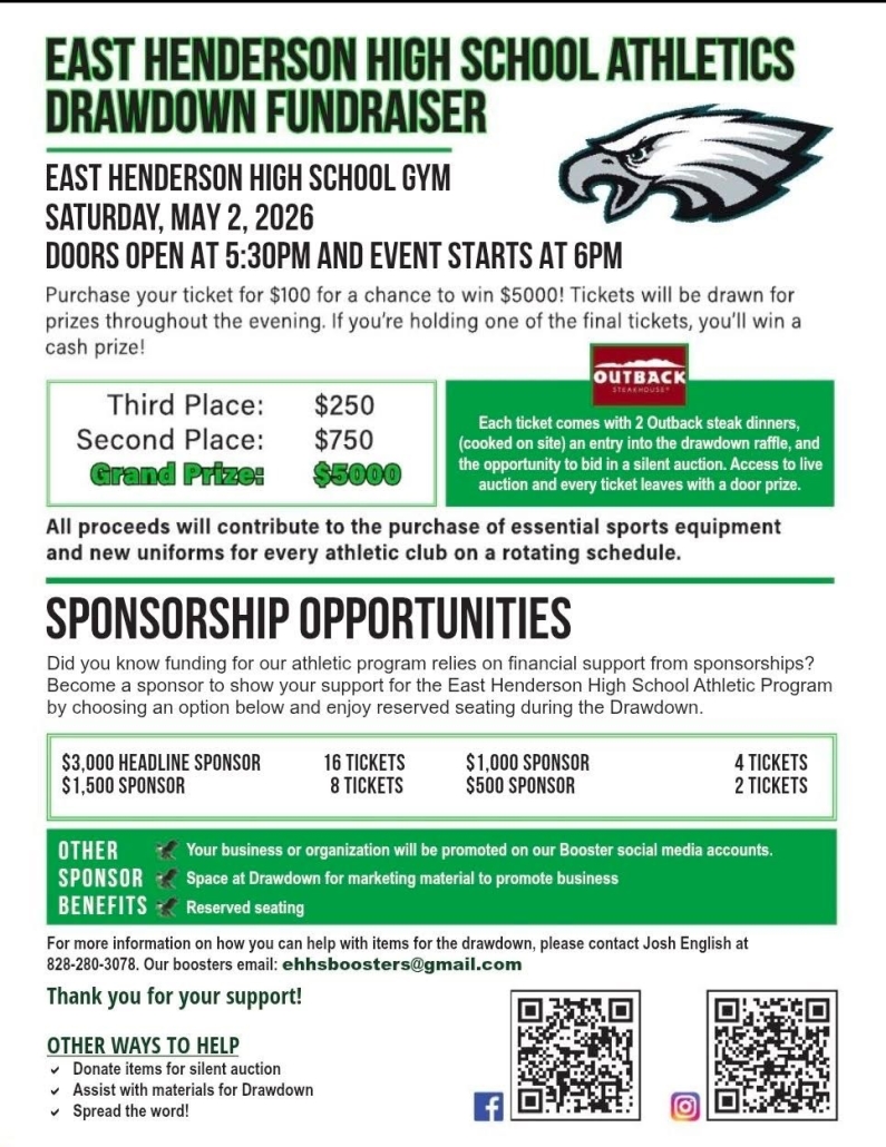 Drawdown flyer with eagle logo and QR codes for social media
