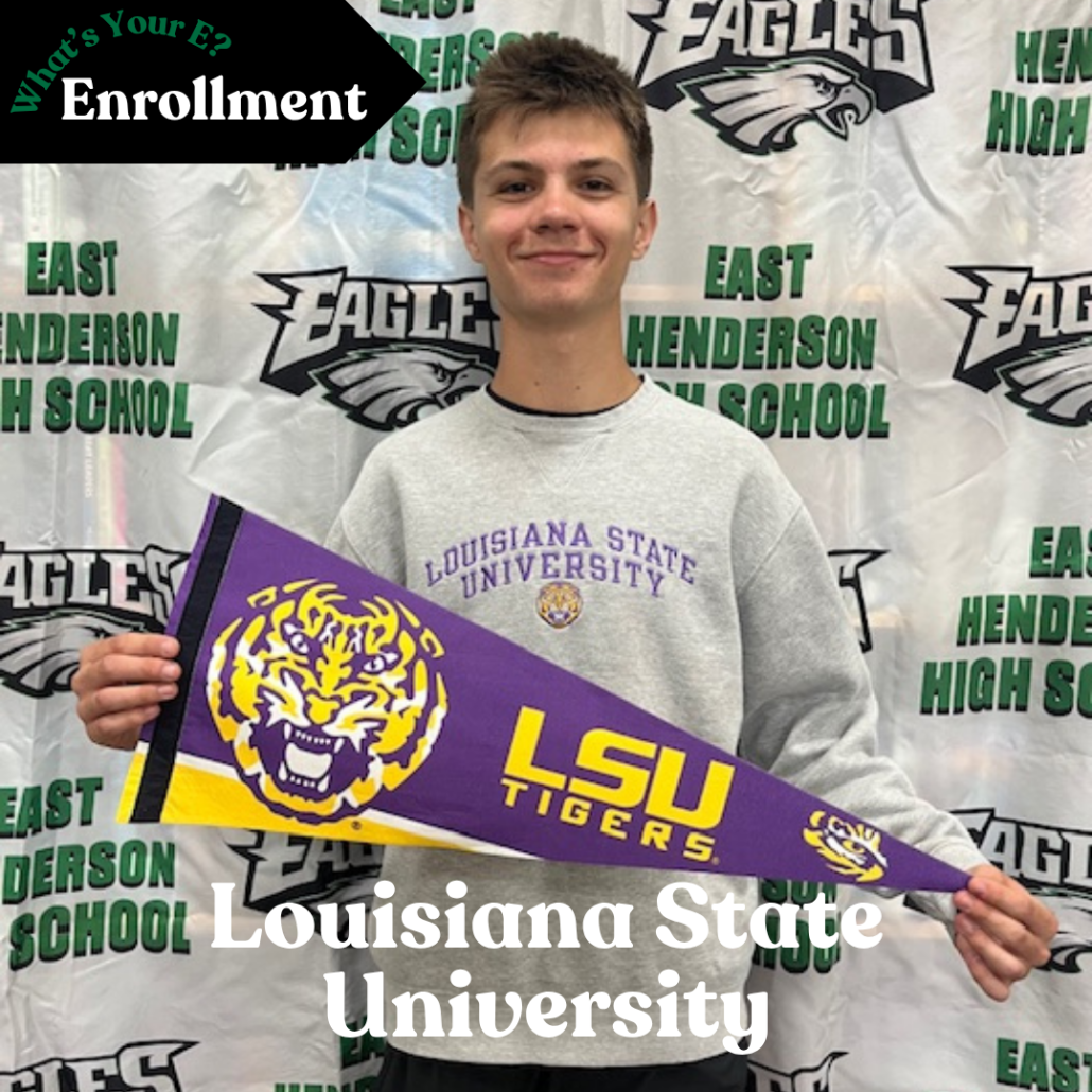Tristan holding LSU penant in Enrollment frame