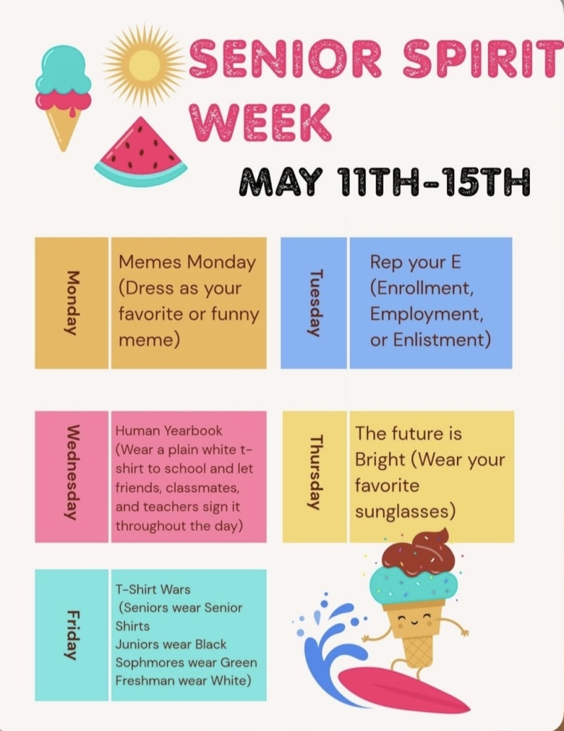 Senior Week "menu" of spirit days with summer accessories and bright colors