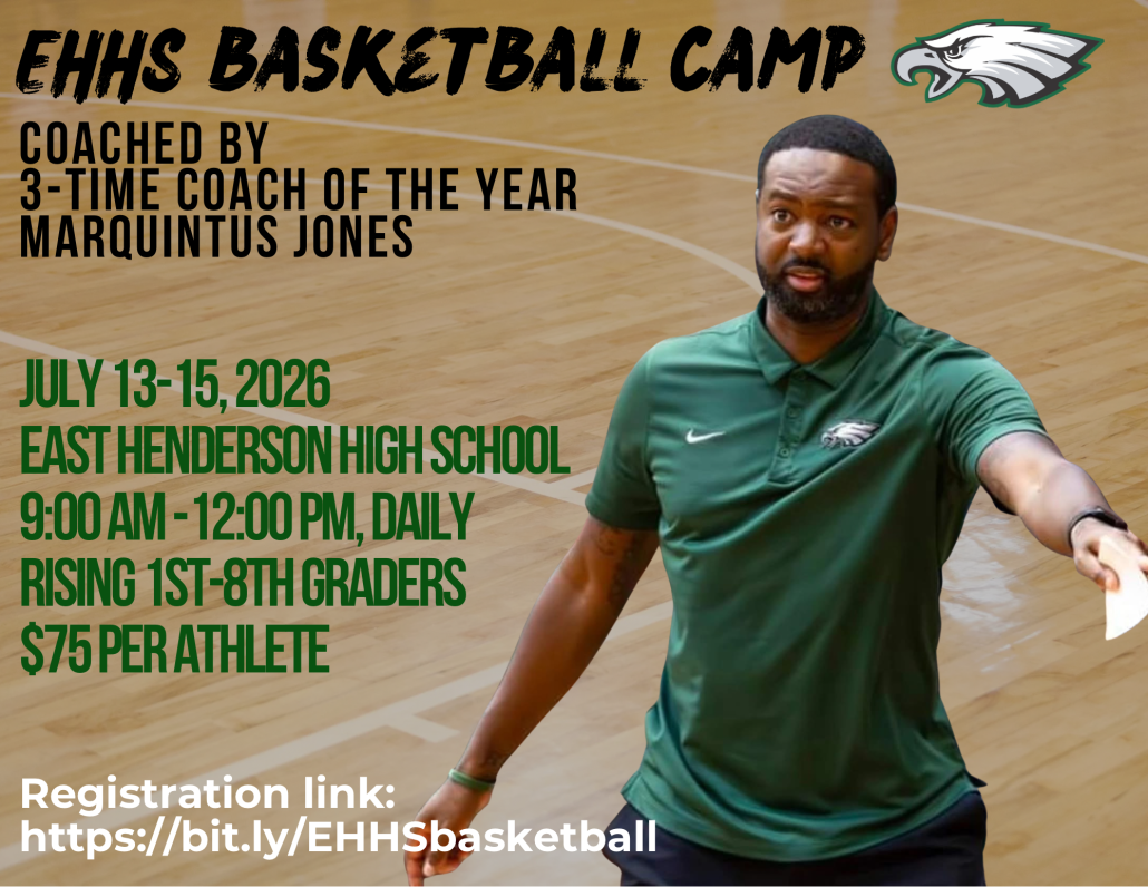 EHHS Basketball Camp info with Coach Jones and Eagle head