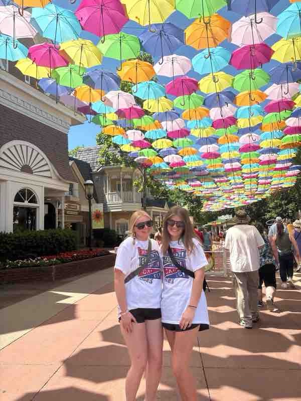 Two girls under umbrella display