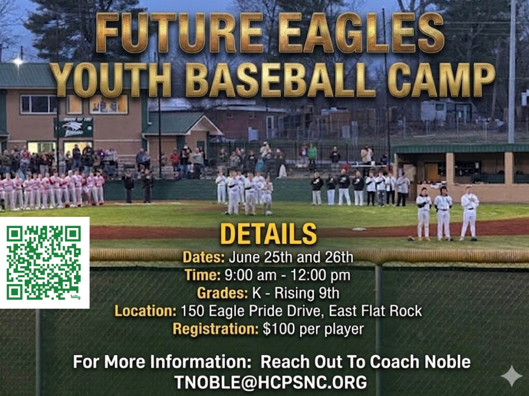 baseball camp flyer with players on field
